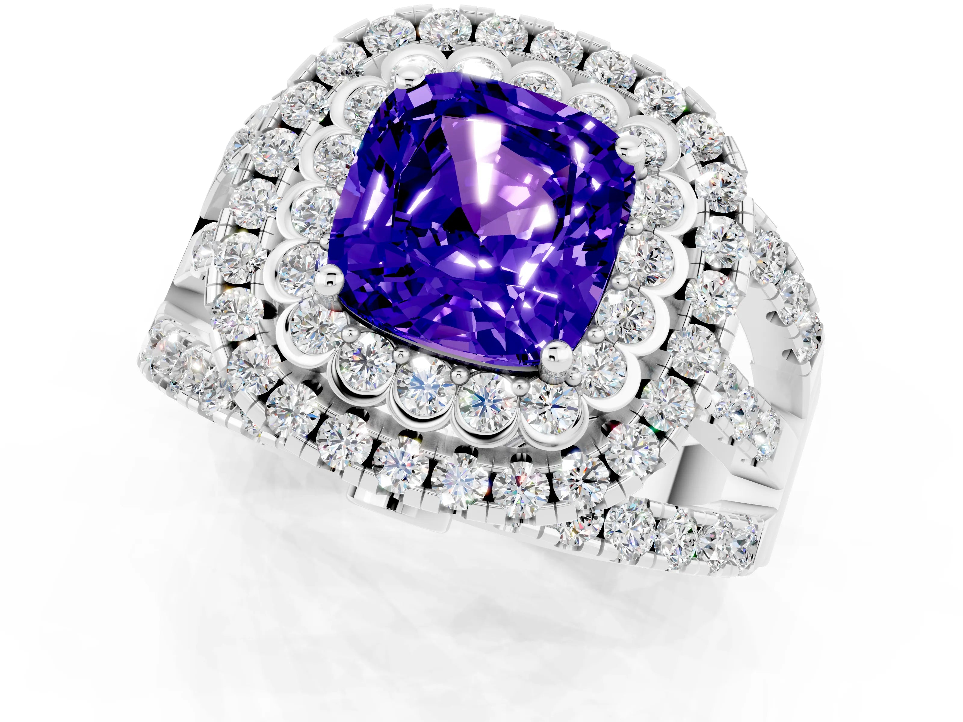 White gold Double Halo Cushion Cut Diamond Split Shank Pave Set Ring_1