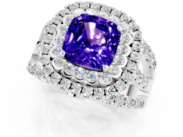 Silver Cushion Cut Tanzanite Double Halo Ring with Round Pavé Split Shank and Prong Setting