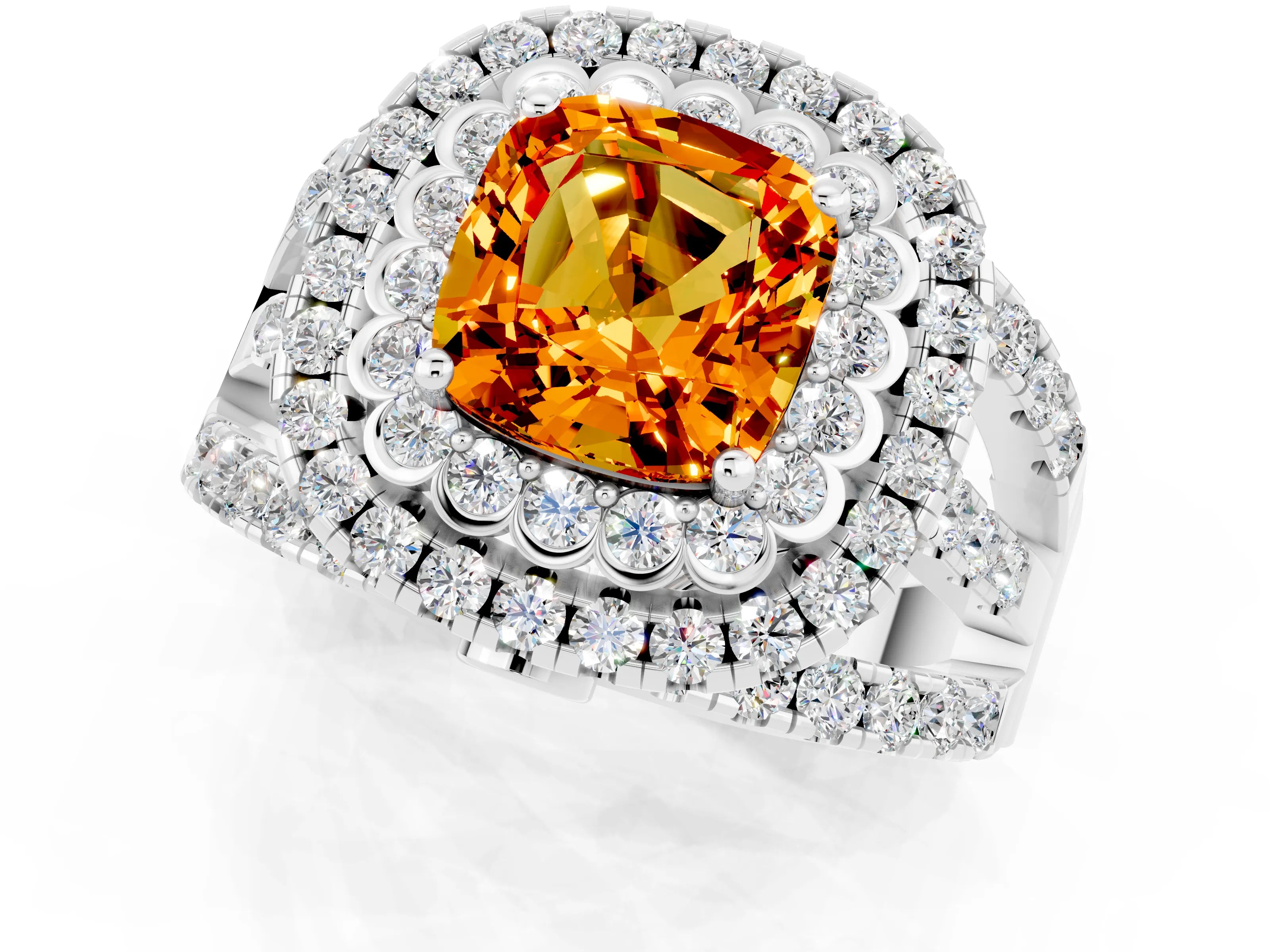 White gold Double Halo Cushion Cut Diamond Split Shank Pave Set Ring_1