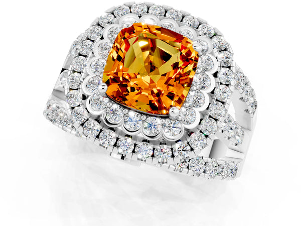 White gold Cushion Cut Citrine Double Halo Ring with Round Pavé Split Shank and Prong Setting