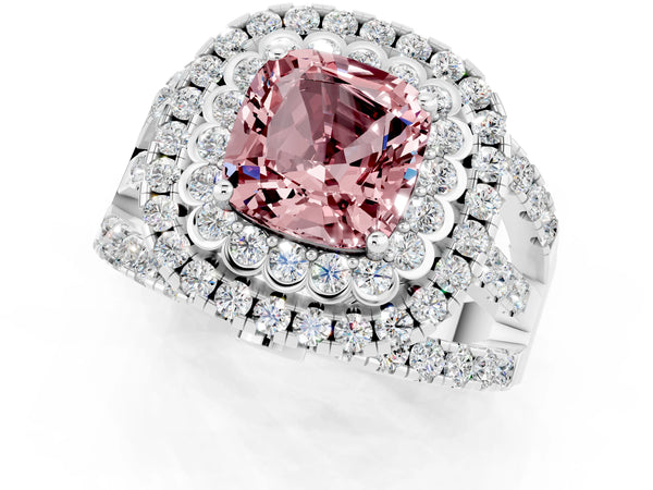 Silver Double Halo Cushion Cut Diamond Split Shank Pave Set Ring