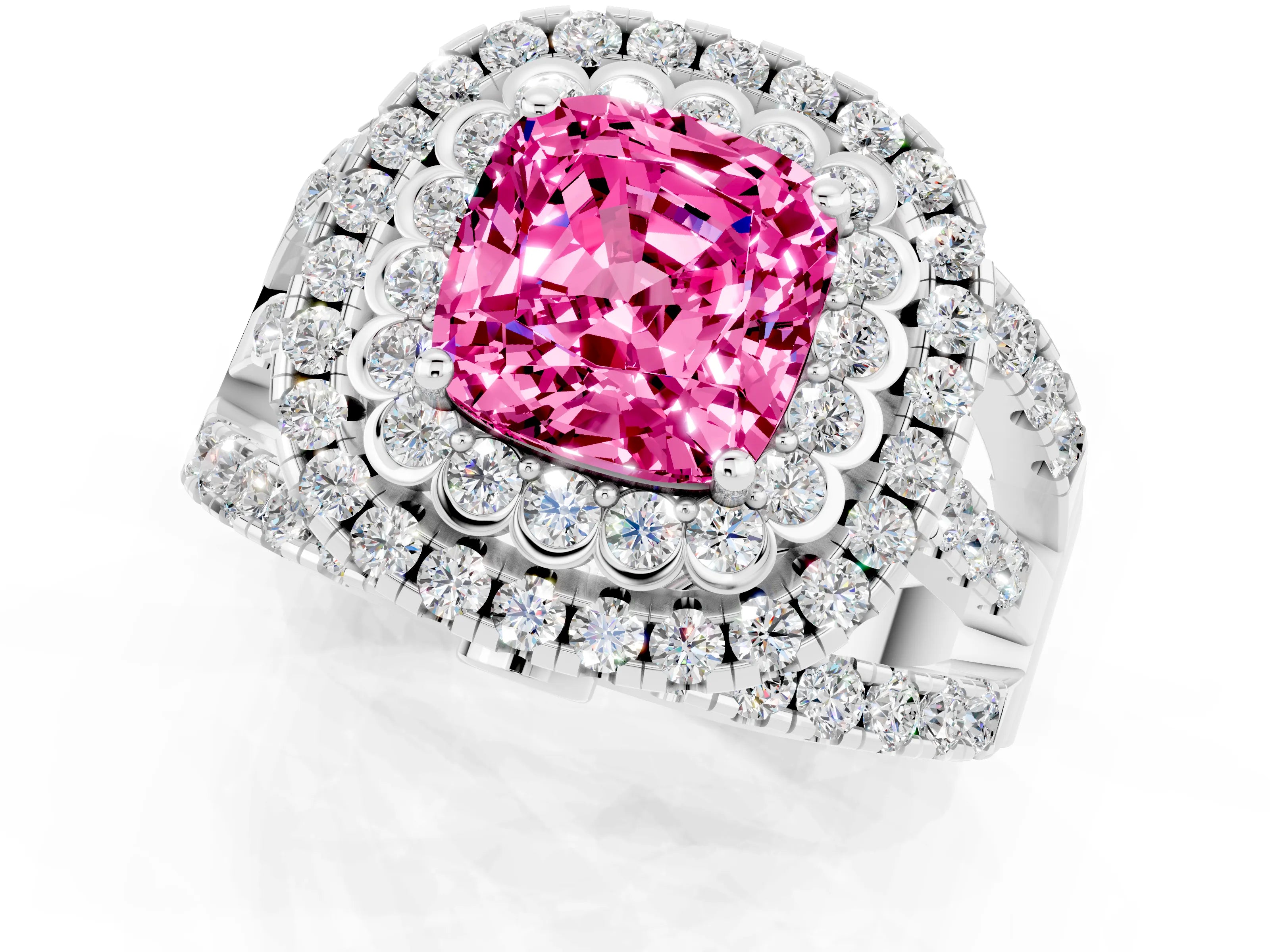 White gold Double Halo Cushion Cut Diamond Split Shank Pave Set Ring_1