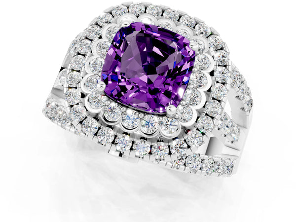 White gold Cushion Cut Amethyst Double Halo Ring with Round Pavé Split Shank and Prong Setting