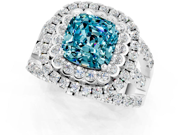 Platinum Double Halo Cushion Cut Diamond Split Shank Pave Set Ring