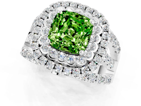 White gold Double Halo Cushion Cut Diamond Split Shank Pave Set Ring