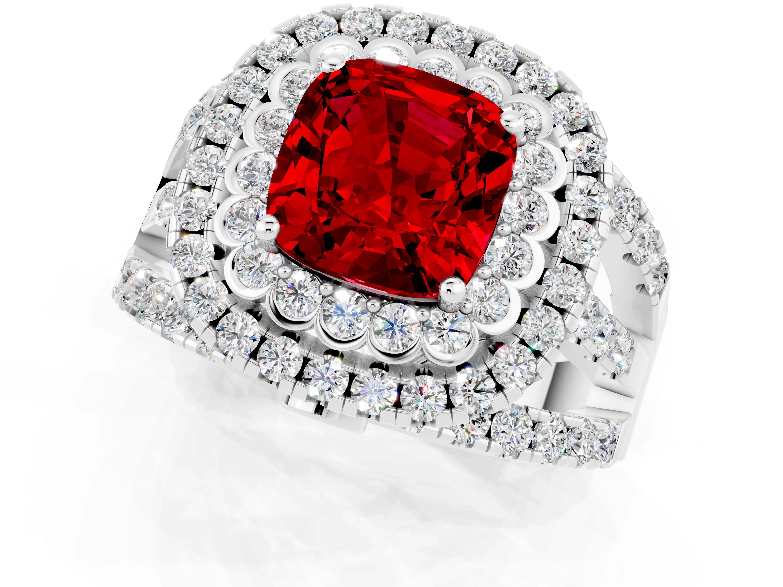 White gold Double Halo Cushion Cut Diamond Split Shank Pave Set Ring_1