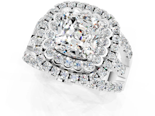 Silver Cushion Cut Moissanite Double Halo Ring with Round Pavé Split Shank and Prong Setting