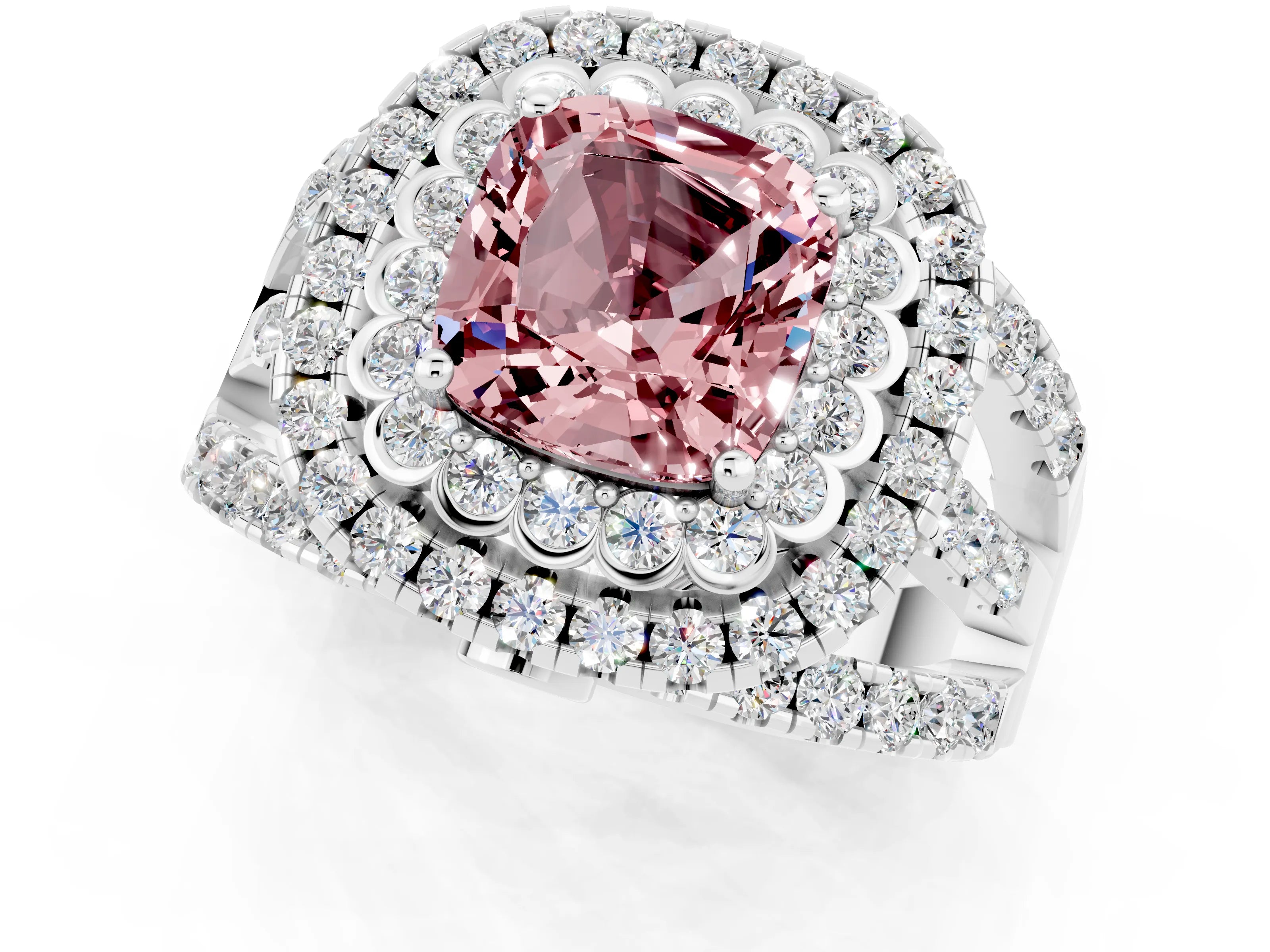 White gold Double Halo Cushion Cut Diamond Split Shank Pave Set Ring_1