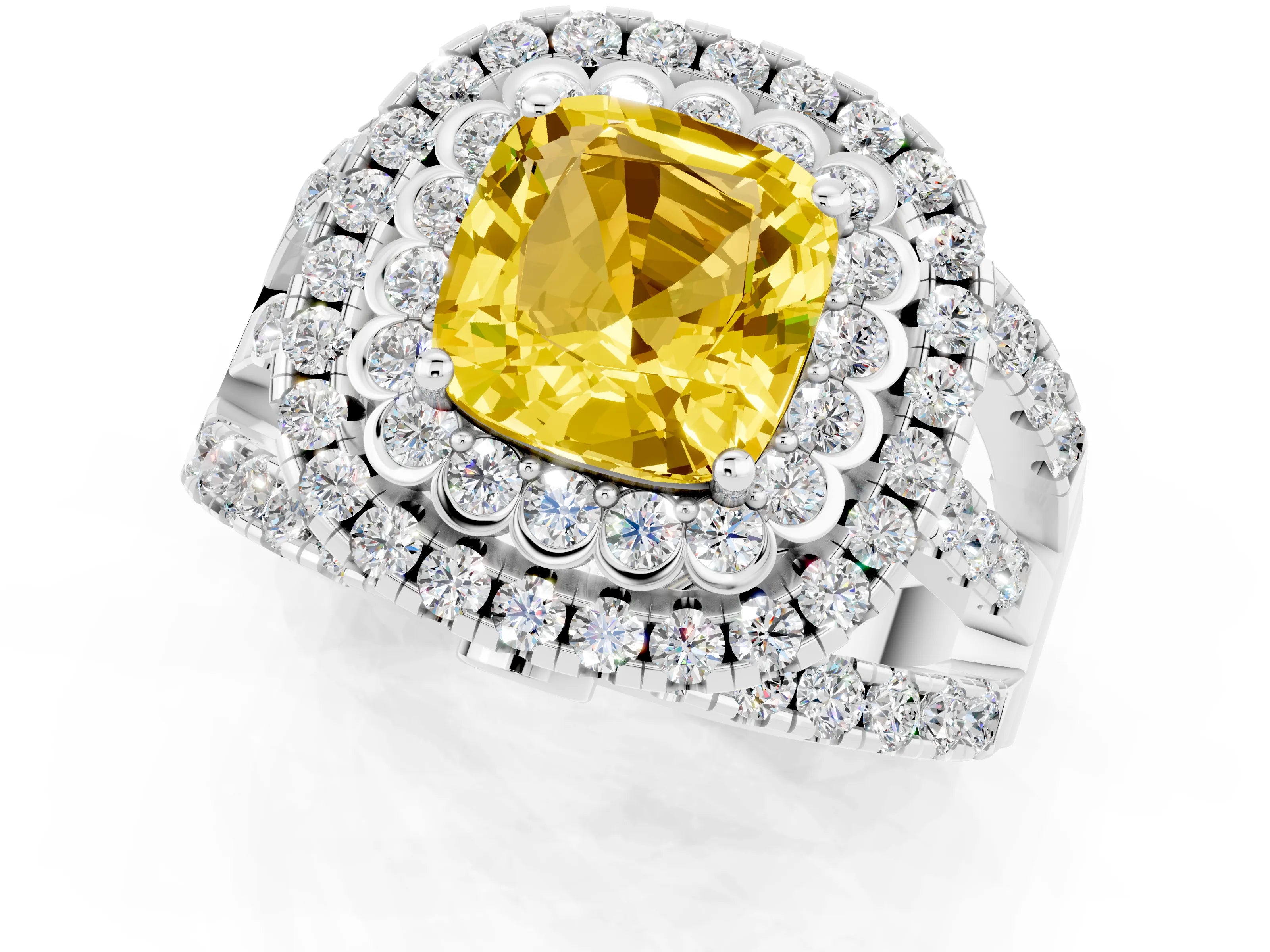 White gold Double Halo Cushion Cut Diamond Split Shank Pave Set Ring_1