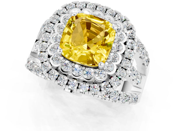 Silver Cushion Cut Yellow Sapphire Double Halo Ring with Round Pavé Split Shank and Prong Setting