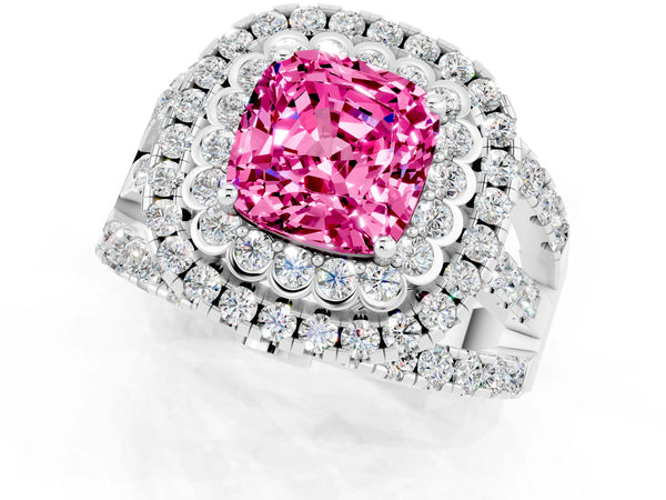 Platinum Double Halo Cushion Cut Diamond Split Shank Pave Set Ring