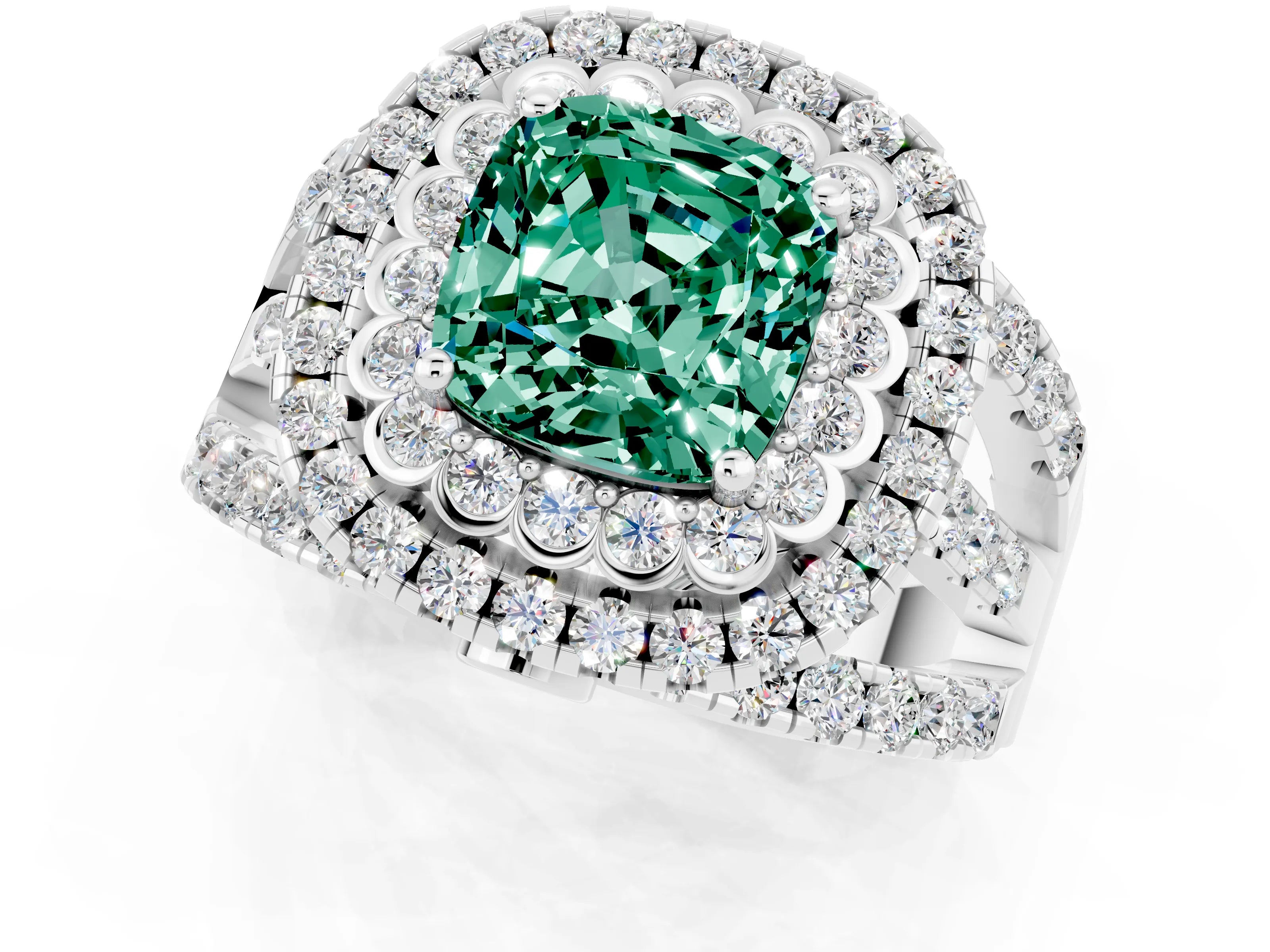 White gold Double Halo Cushion Cut Diamond Split Shank Pave Set Ring_1