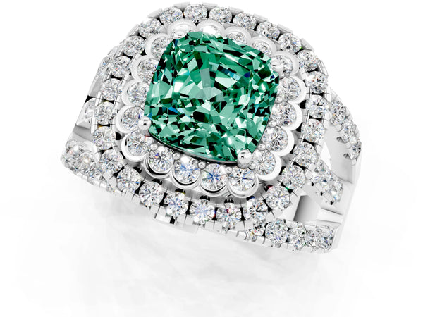 Silver Cushion Cut Green Sapphire Double Halo Ring with Round Pavé Split Shank and Prong Setting