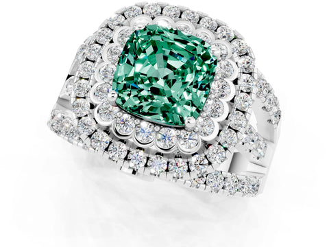 White gold Double Halo Cushion Cut Diamond Split Shank Pave Set Ring_1
