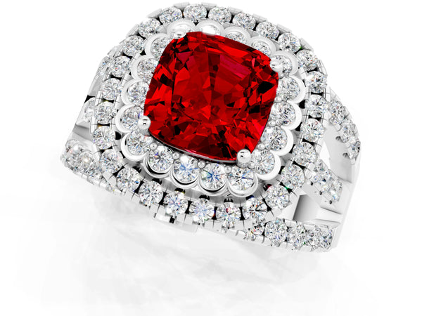 Platinum Cushion Cut Ruby Double Halo Ring with Round Pavé Split Shank and Prong Setting