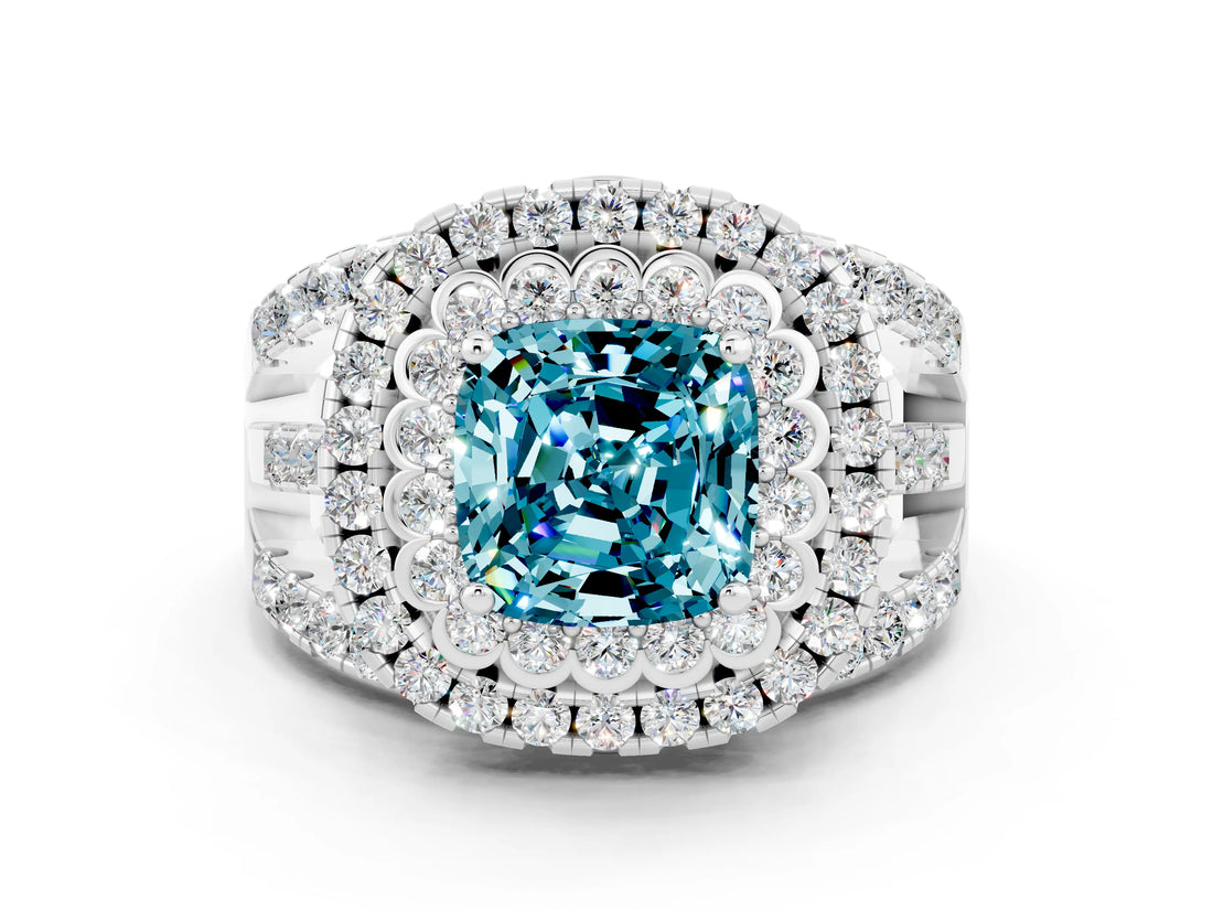 White gold Double Halo Cushion Cut Diamond Split Shank Pave Set Ring