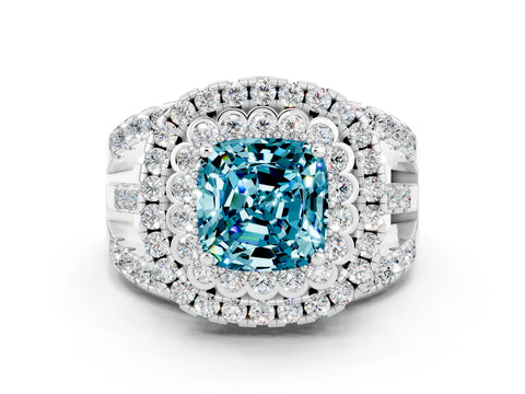 White gold Double Halo Cushion Cut Diamond Split Shank Pave Set Ring