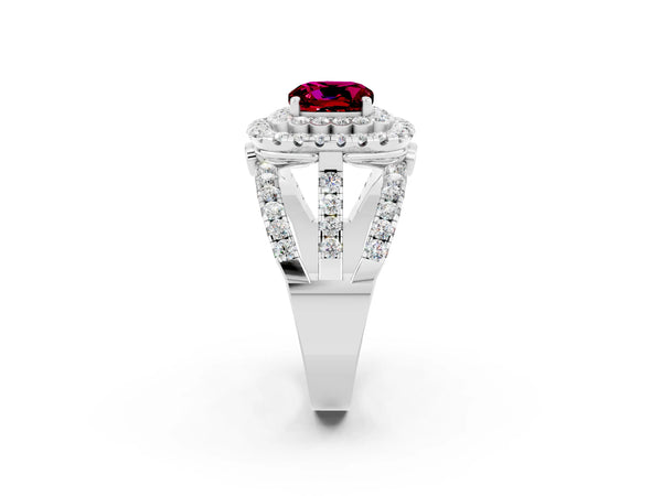 Platinum Cushion Cut Garnet Double Halo Ring with Round Pavé Split Shank and Prong Setting