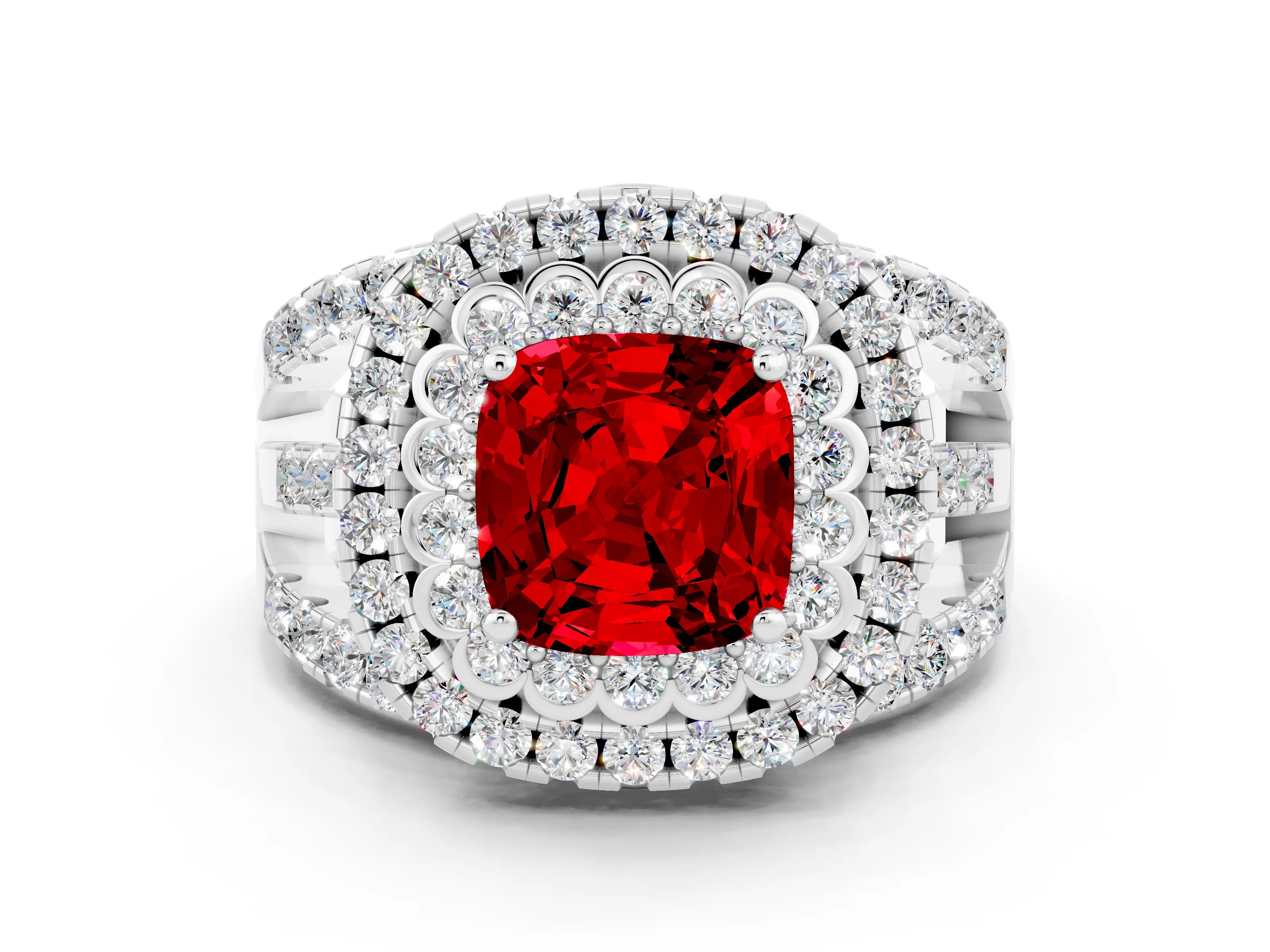 White gold Double Halo Cushion Cut Diamond Split Shank Pave Set Ring