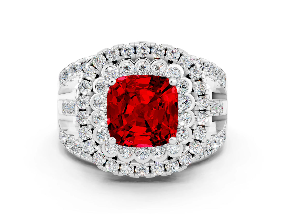 White gold Double Halo Cushion Cut Diamond Split Shank Pave Set Ring