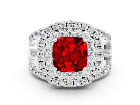 White gold Double Halo Cushion Cut Diamond Split Shank Pave Set Ring