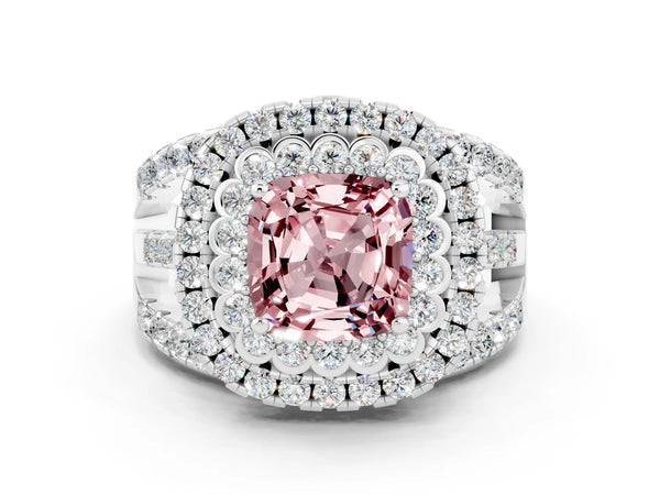 Platinum Double Halo Cushion Cut Diamond Split Shank Pave Set Ring