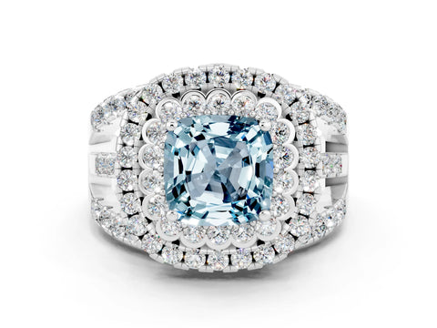 White gold Double Halo Cushion Cut Diamond Split Shank Pave Set Ring