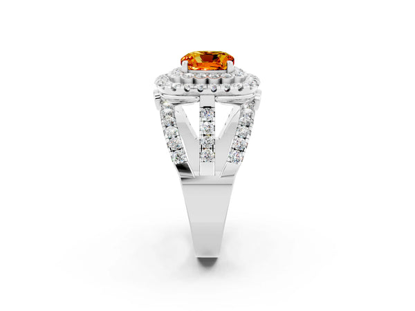 White gold Cushion Cut Citrine Double Halo Ring with Round Pavé Split Shank and Prong Setting