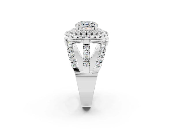 White gold Cushion Cut Moissanite Double Halo Ring with Round Pavé Split Shank and Prong Setting