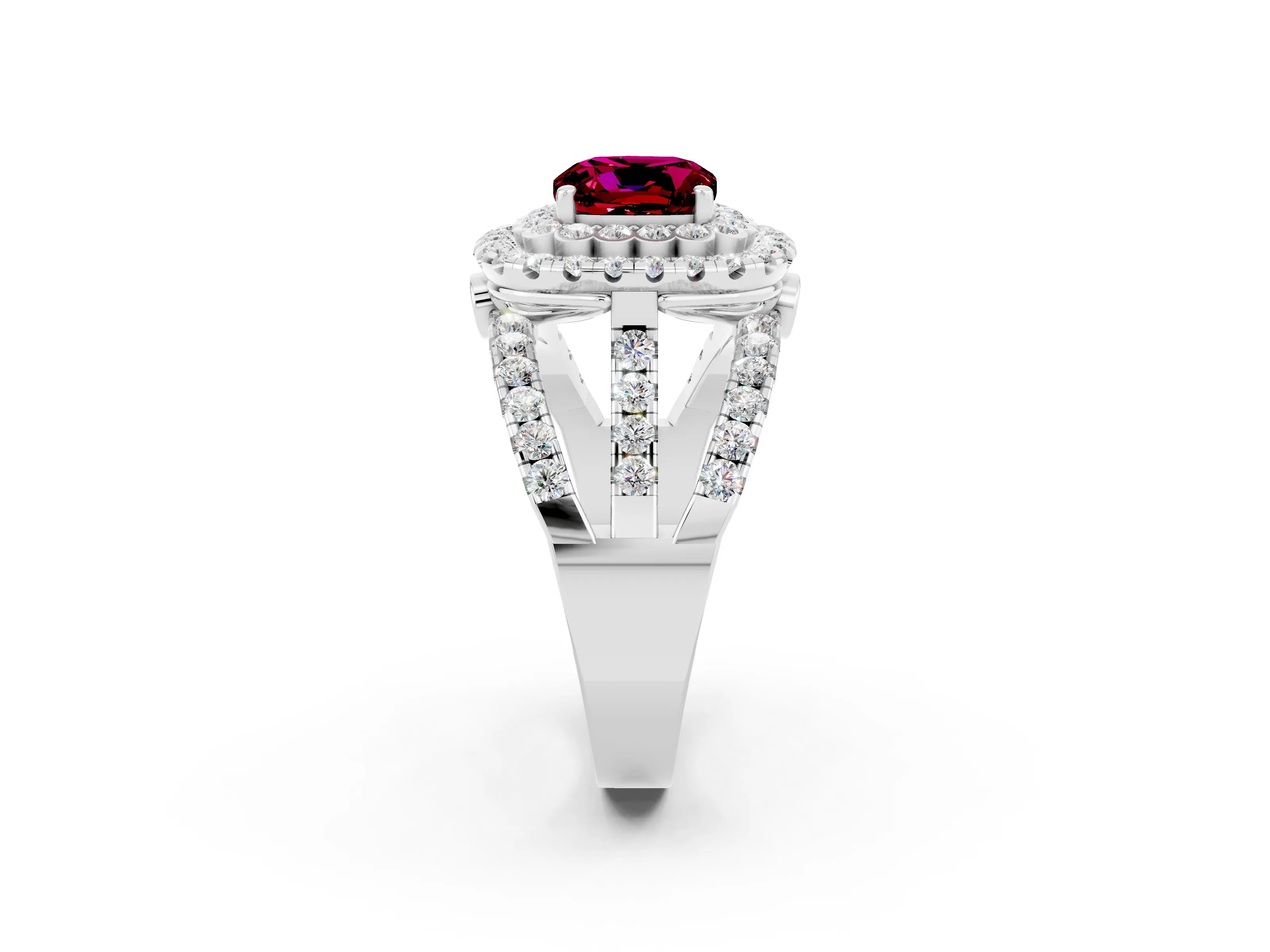 White gold Double Halo Cushion Cut Diamond Split Shank Pave Set Ring_2