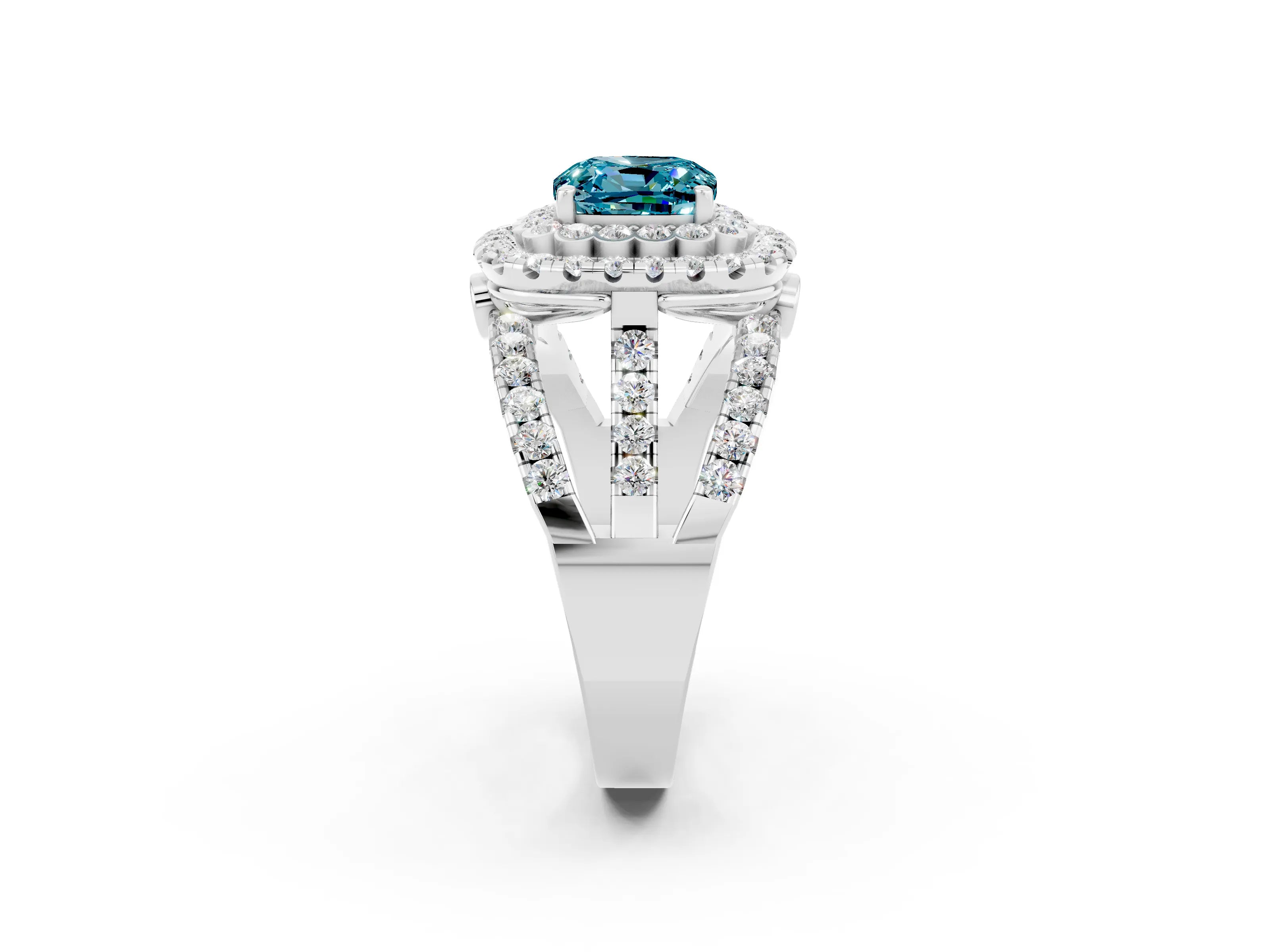White gold Double Halo Cushion Cut Diamond Split Shank Pave Set Ring_2
