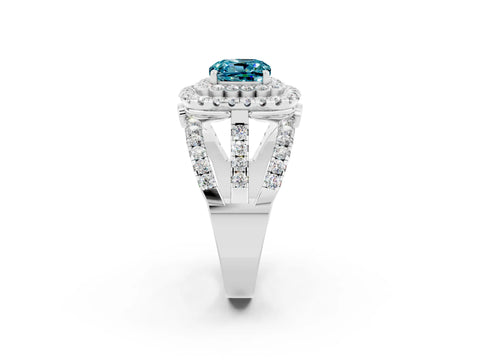 White gold Double Halo Cushion Cut Diamond Split Shank Pave Set Ring_2