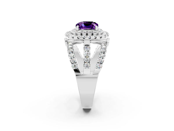 White gold Cushion Cut Amethyst Double Halo Ring with Round Pavé Split Shank and Prong Setting