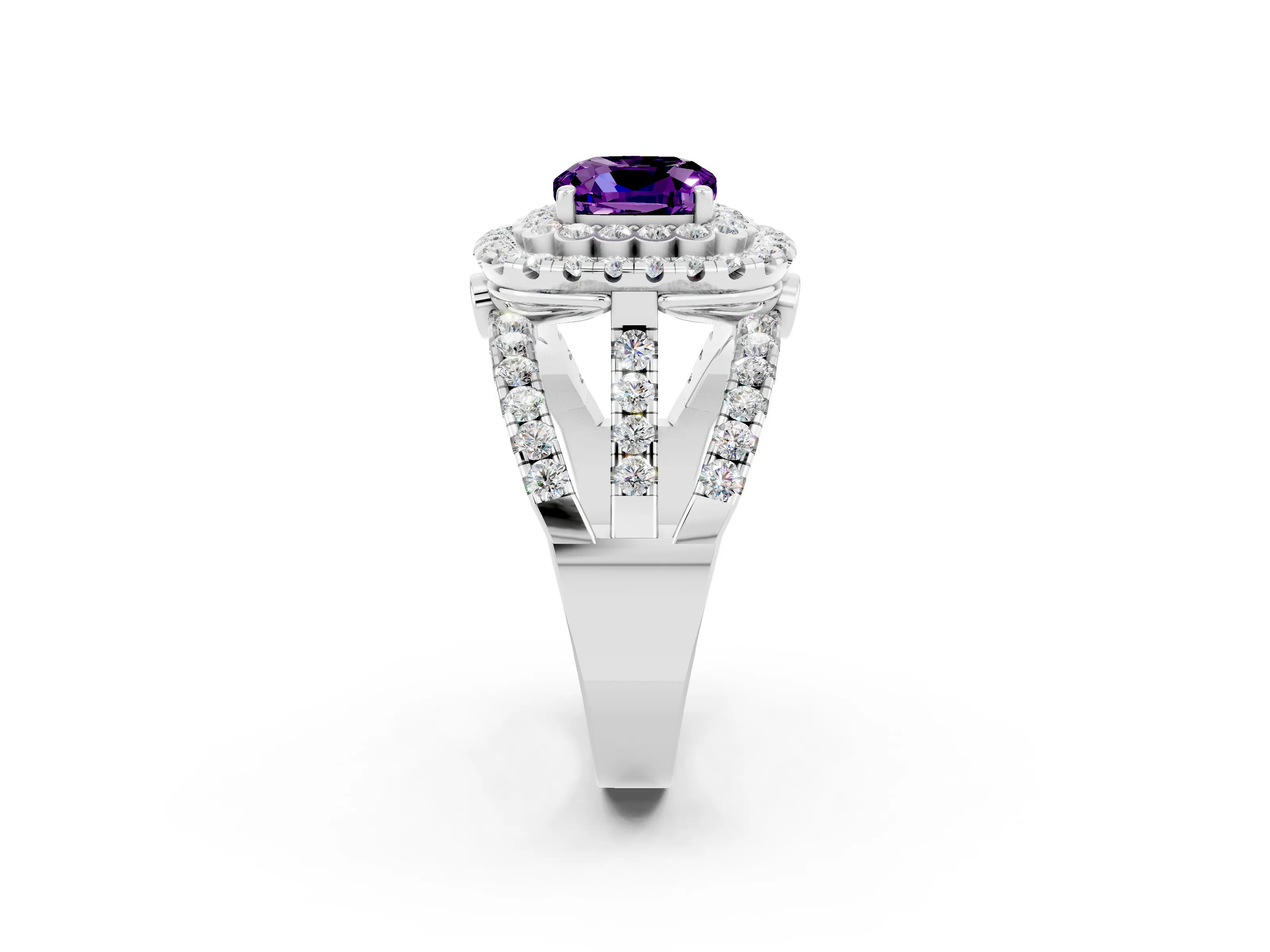White gold Double Halo Cushion Cut Diamond Split Shank Pave Set Ring_2
