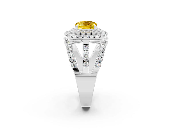 Platinum Cushion Cut Yellow Sapphire Double Halo Ring with Round Pavé Split Shank and Prong Setting