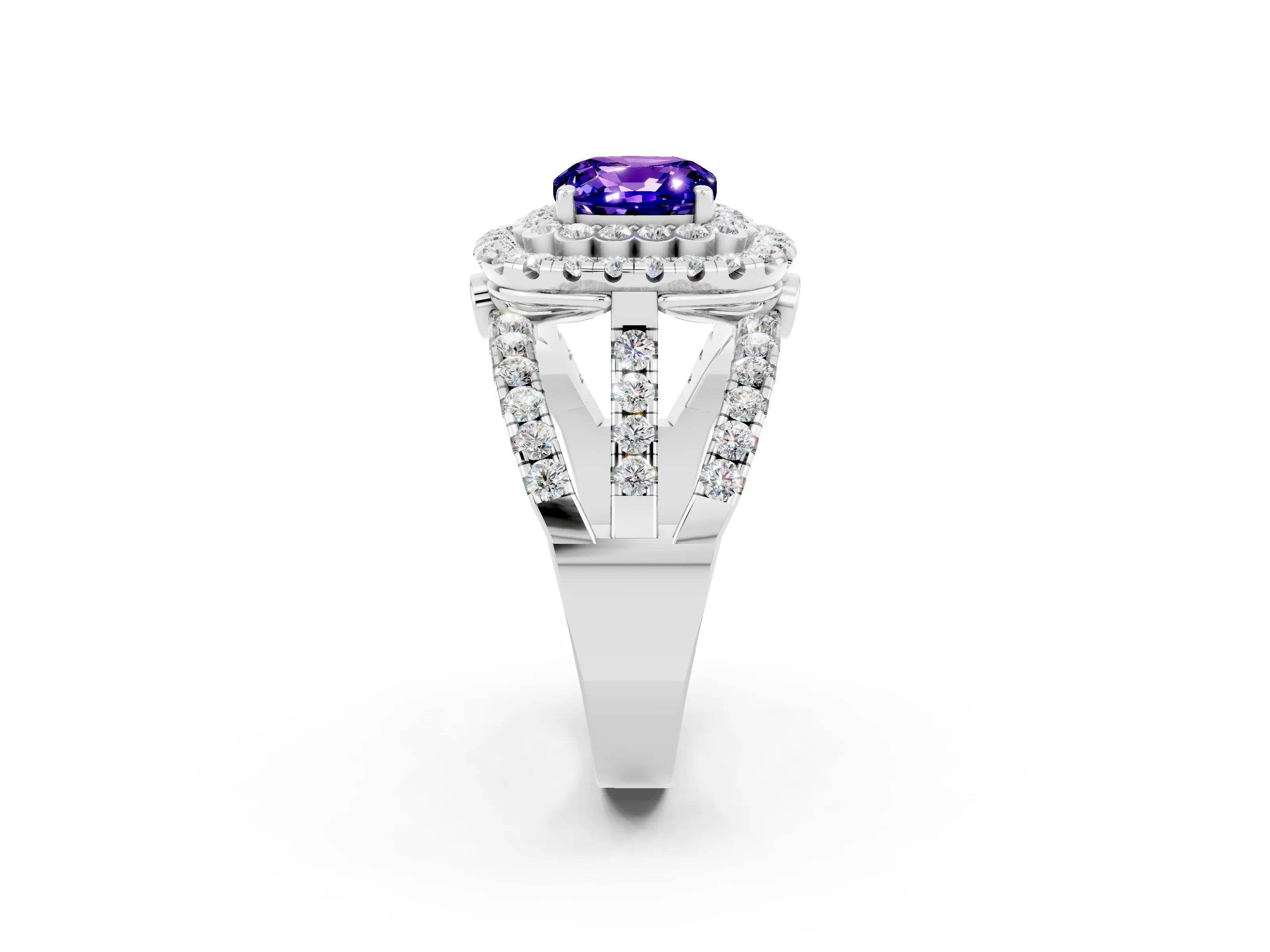 White gold Double Halo Cushion Cut Diamond Split Shank Pave Set Ring_2