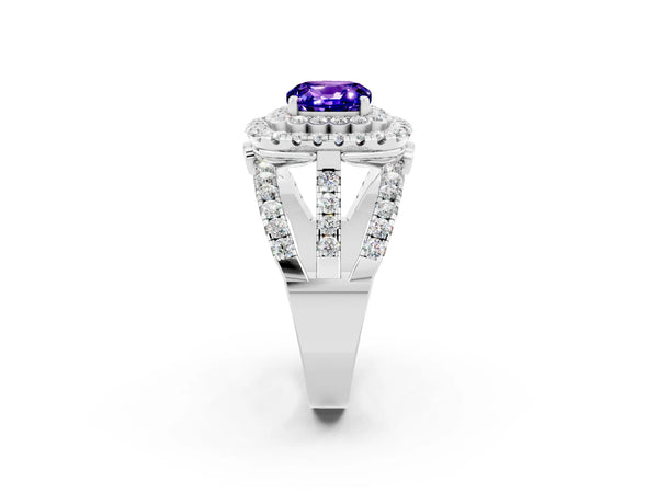 Silver Cushion Cut Tanzanite Double Halo Ring with Round Pavé Split Shank and Prong Setting