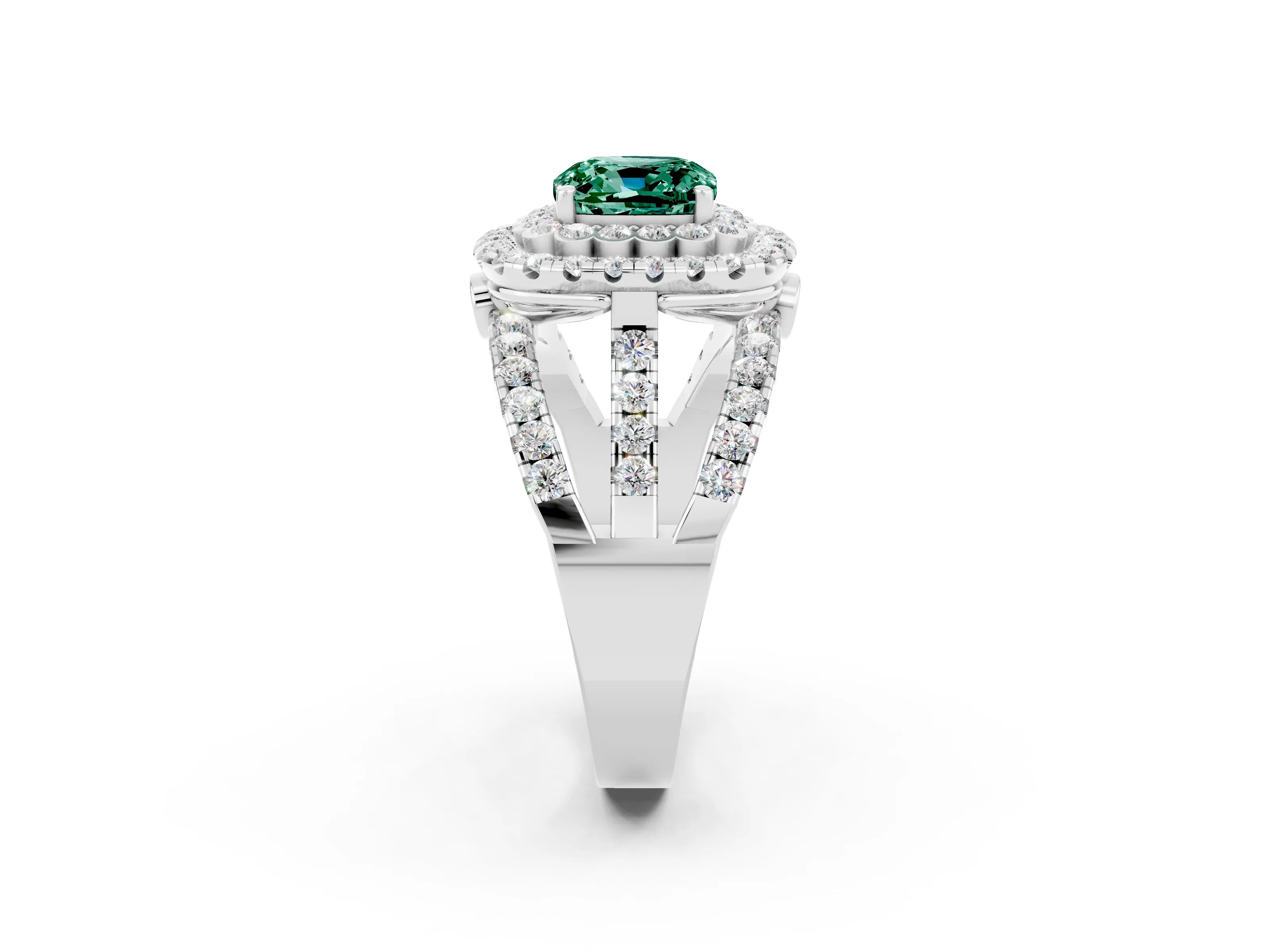 White gold Double Halo Cushion Cut Diamond Split Shank Pave Set Ring_2