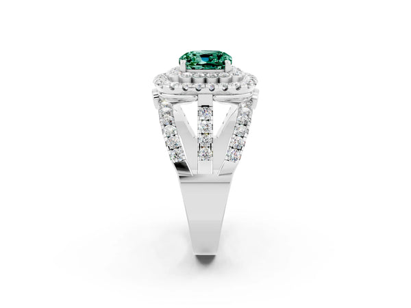 Silver Cushion Cut Green Sapphire Double Halo Ring with Round Pavé Split Shank and Prong Setting