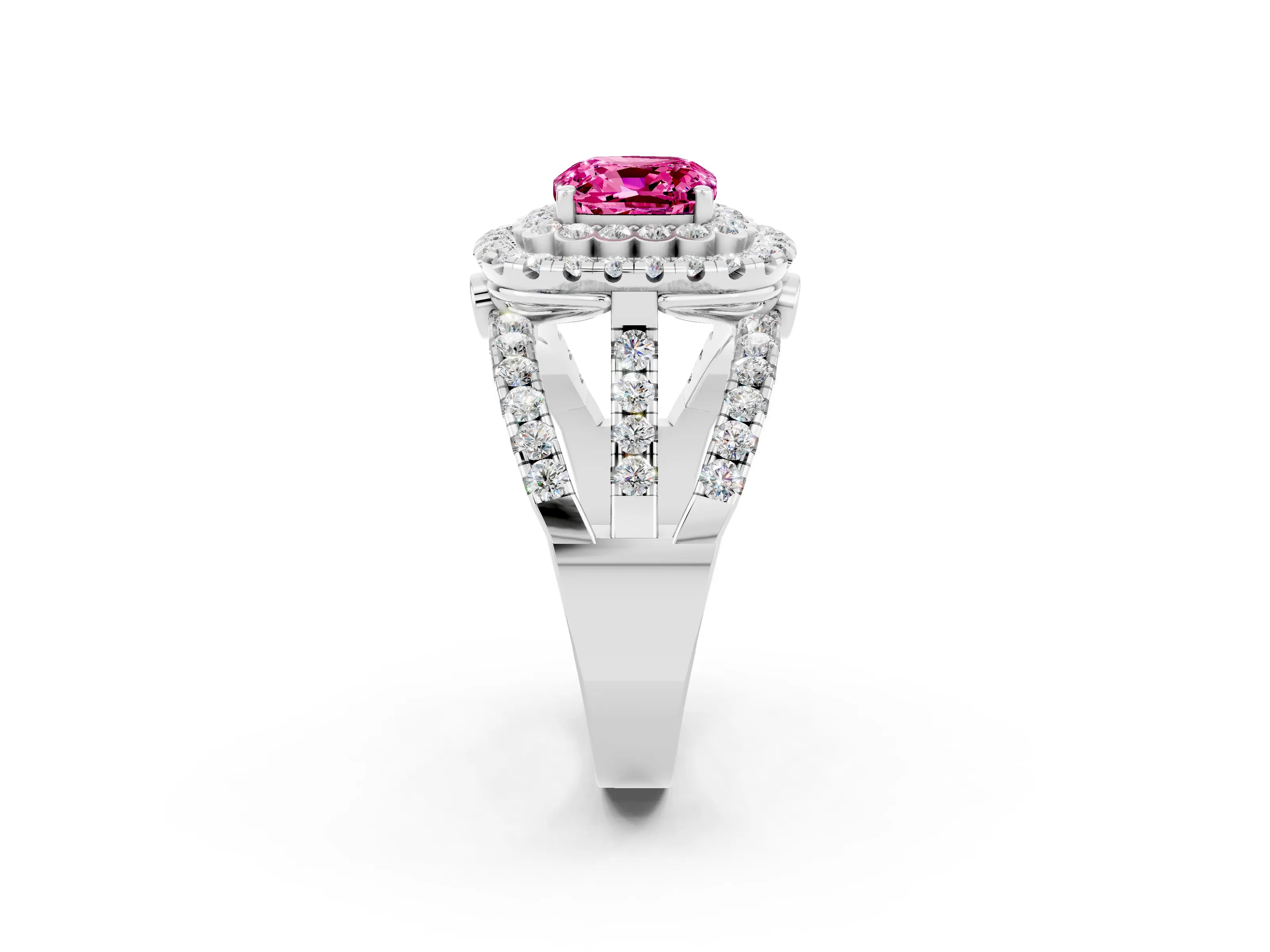 White gold Double Halo Cushion Cut Diamond Split Shank Pave Set Ring_2