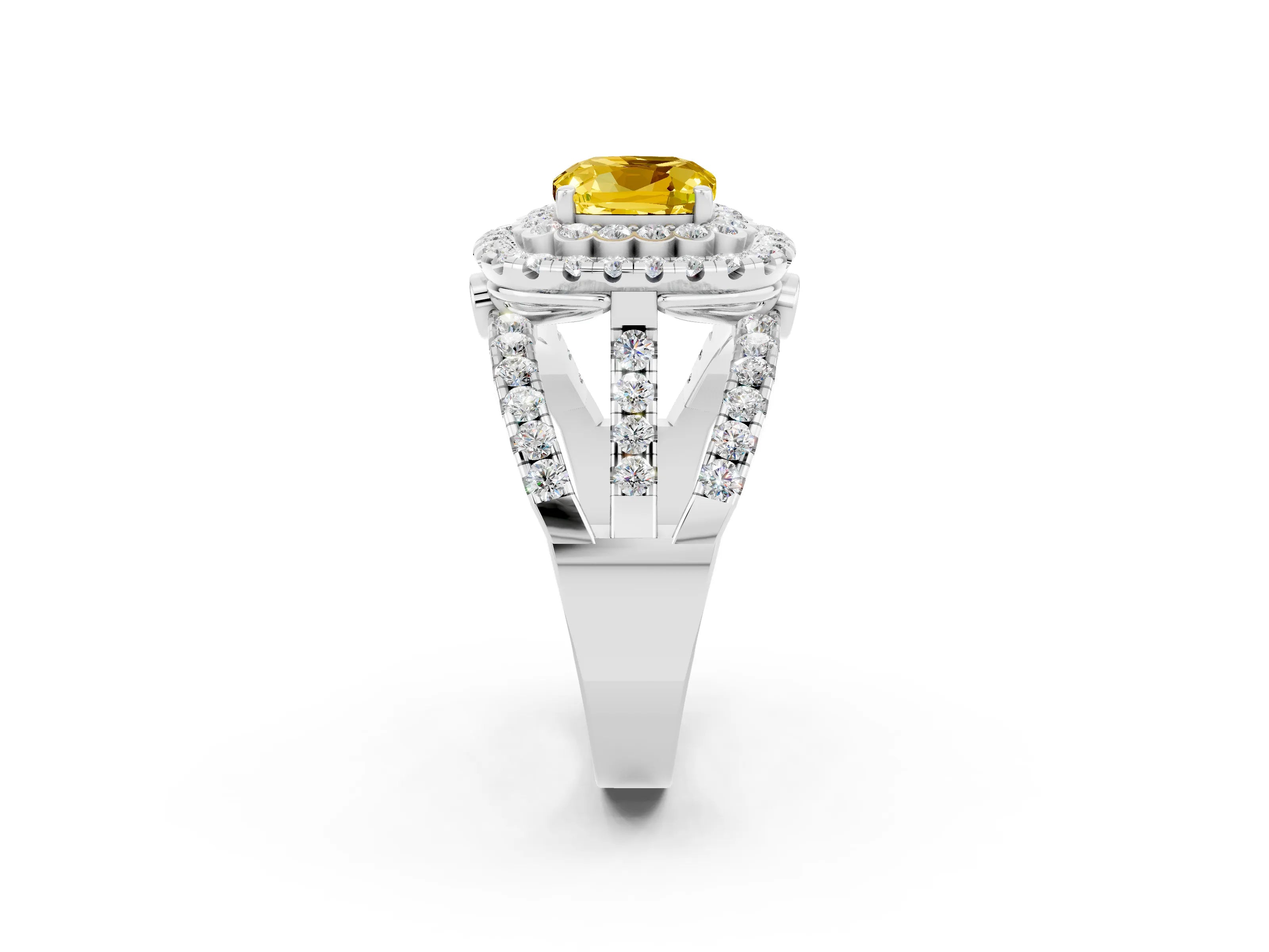 White gold Double Halo Cushion Cut Diamond Split Shank Pave Set Ring_2