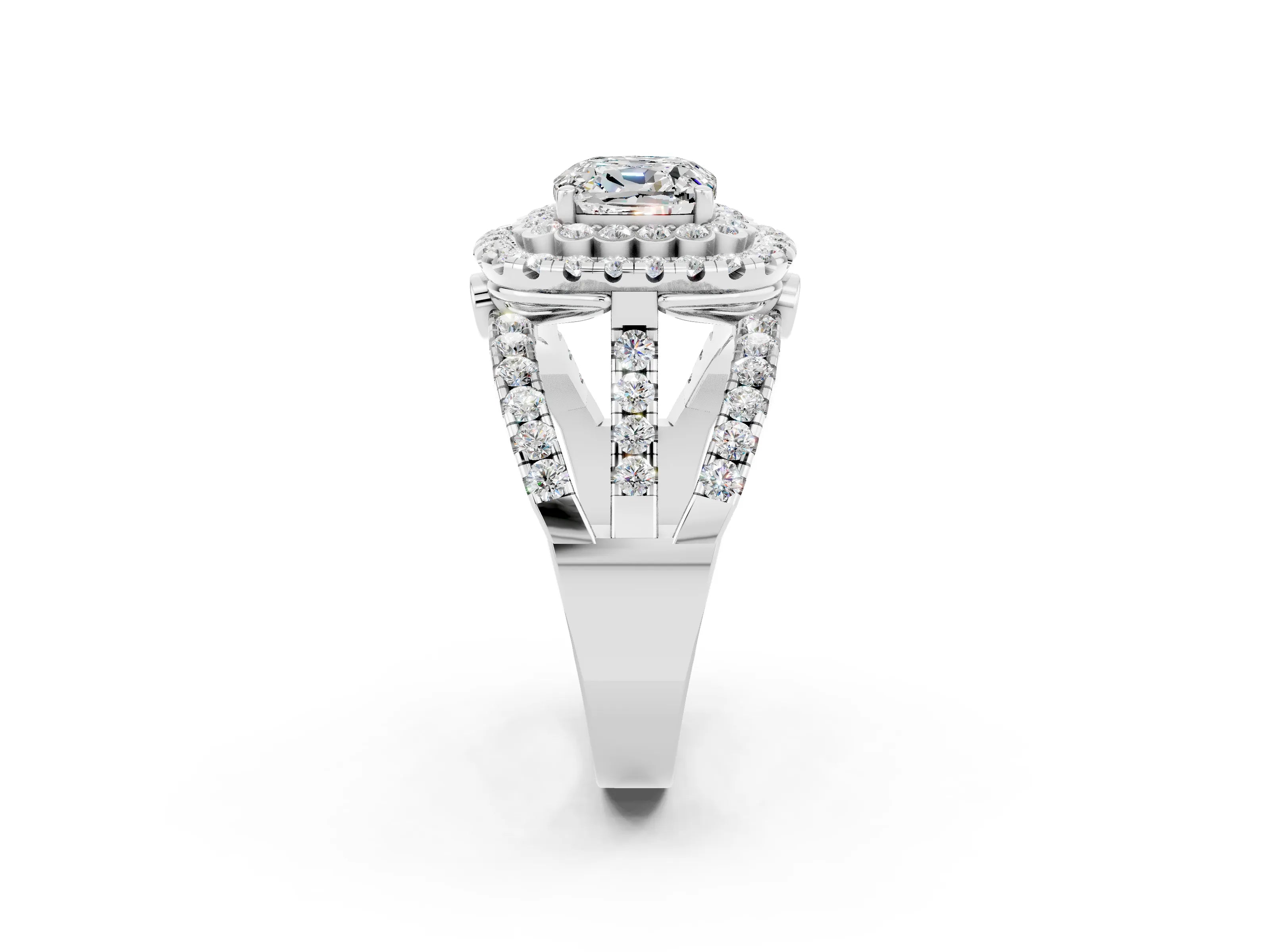 White gold Double Halo Cushion Cut Diamond Split Shank Pave Set Ring_2