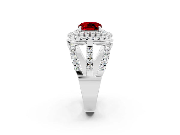 Platinum Cushion Cut Ruby Double Halo Ring with Round Pavé Split Shank and Prong Setting
