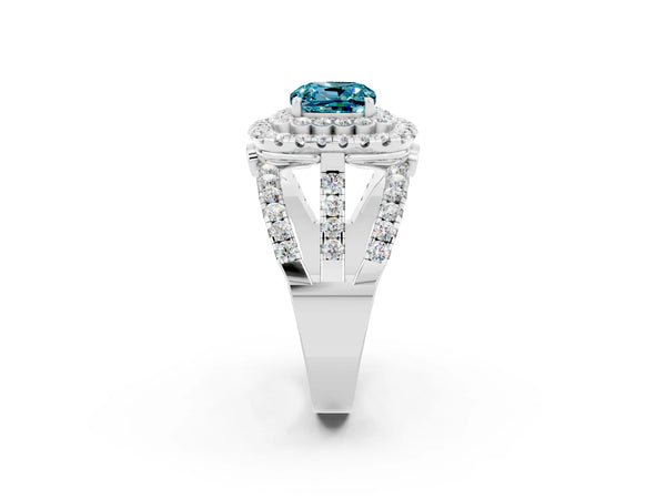 Silver Double Halo Cushion Cut Diamond Split Shank Pave Set Ring