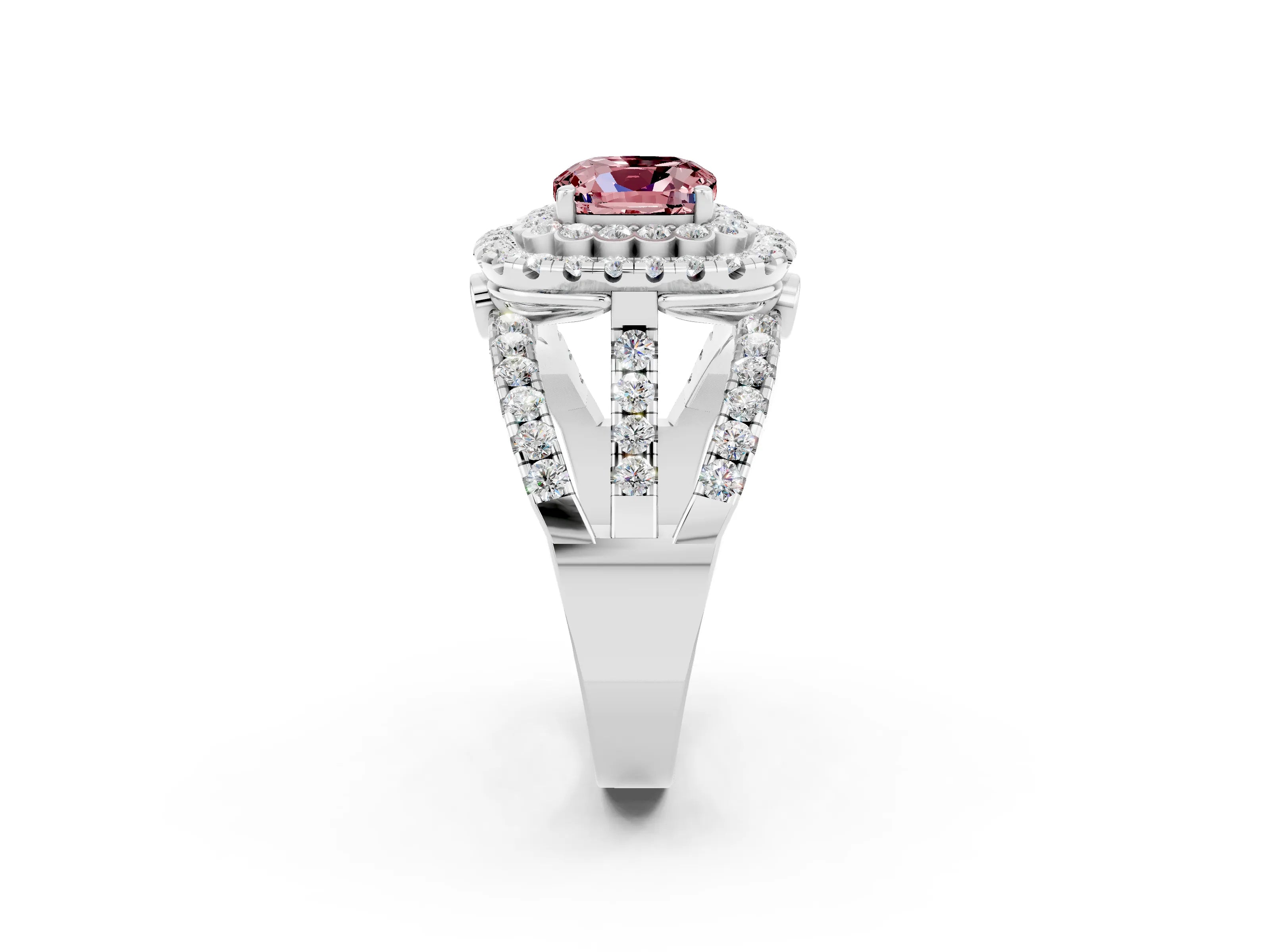 White gold Double Halo Cushion Cut Diamond Split Shank Pave Set Ring_2
