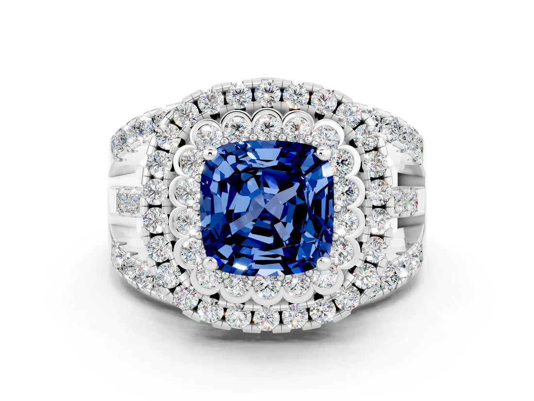 White gold Double Halo Cushion Cut Diamond Split Shank Pave Set Ring