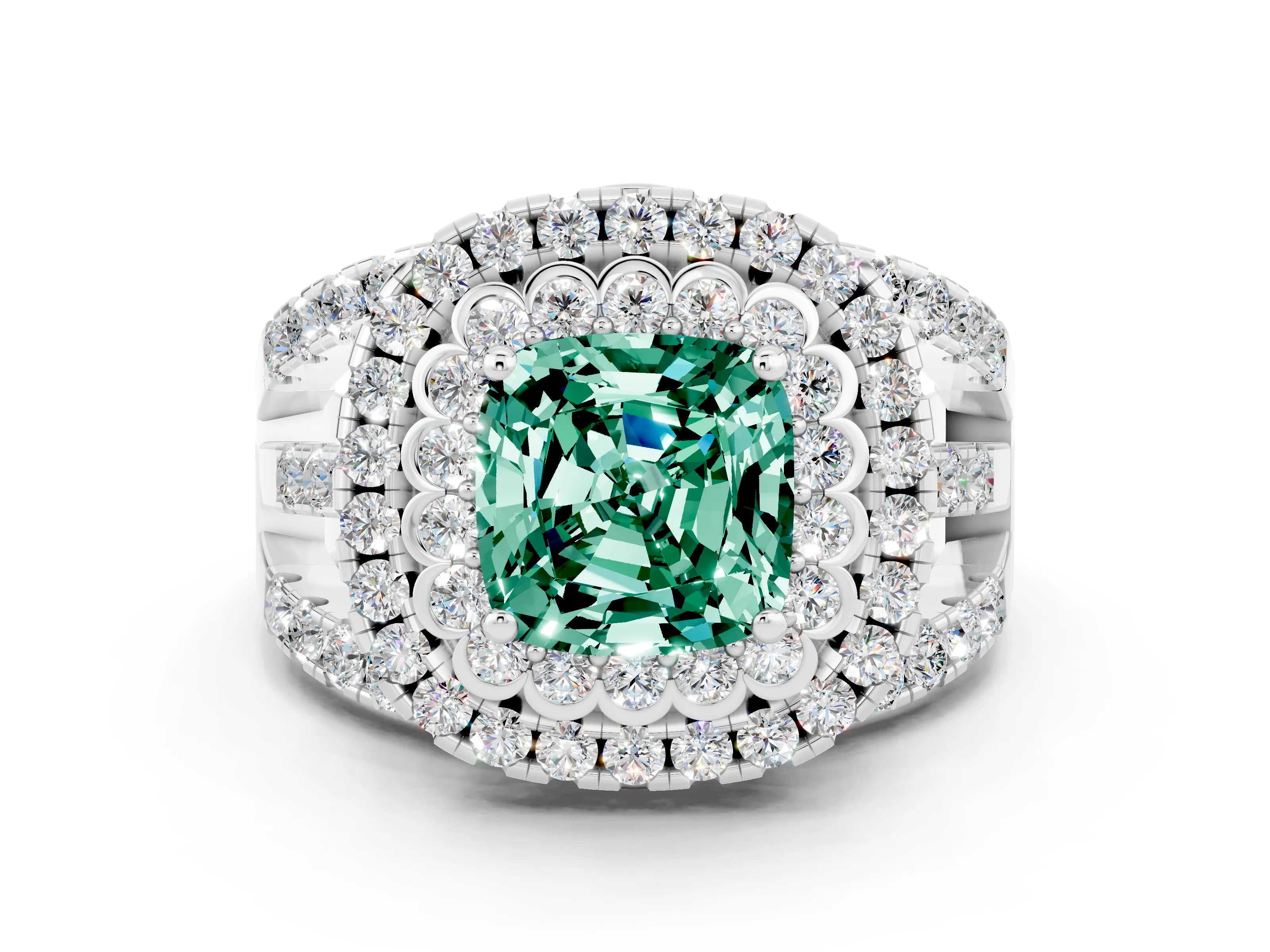 White gold Double Halo Cushion Cut Diamond Split Shank Pave Set Ring