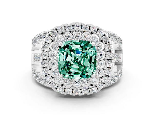 Silver Cushion Cut Green Sapphire Double Halo Ring with Round Pavé Split Shank and Prong Setting