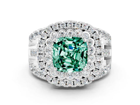 White gold Double Halo Cushion Cut Diamond Split Shank Pave Set Ring