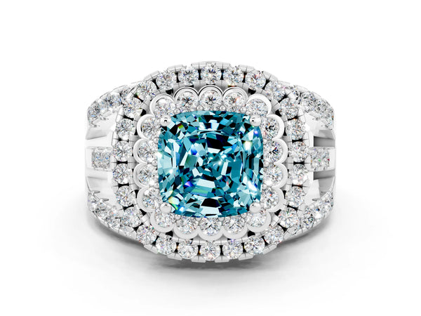 Platinum Double Halo Cushion Cut Diamond Split Shank Pave Set Ring